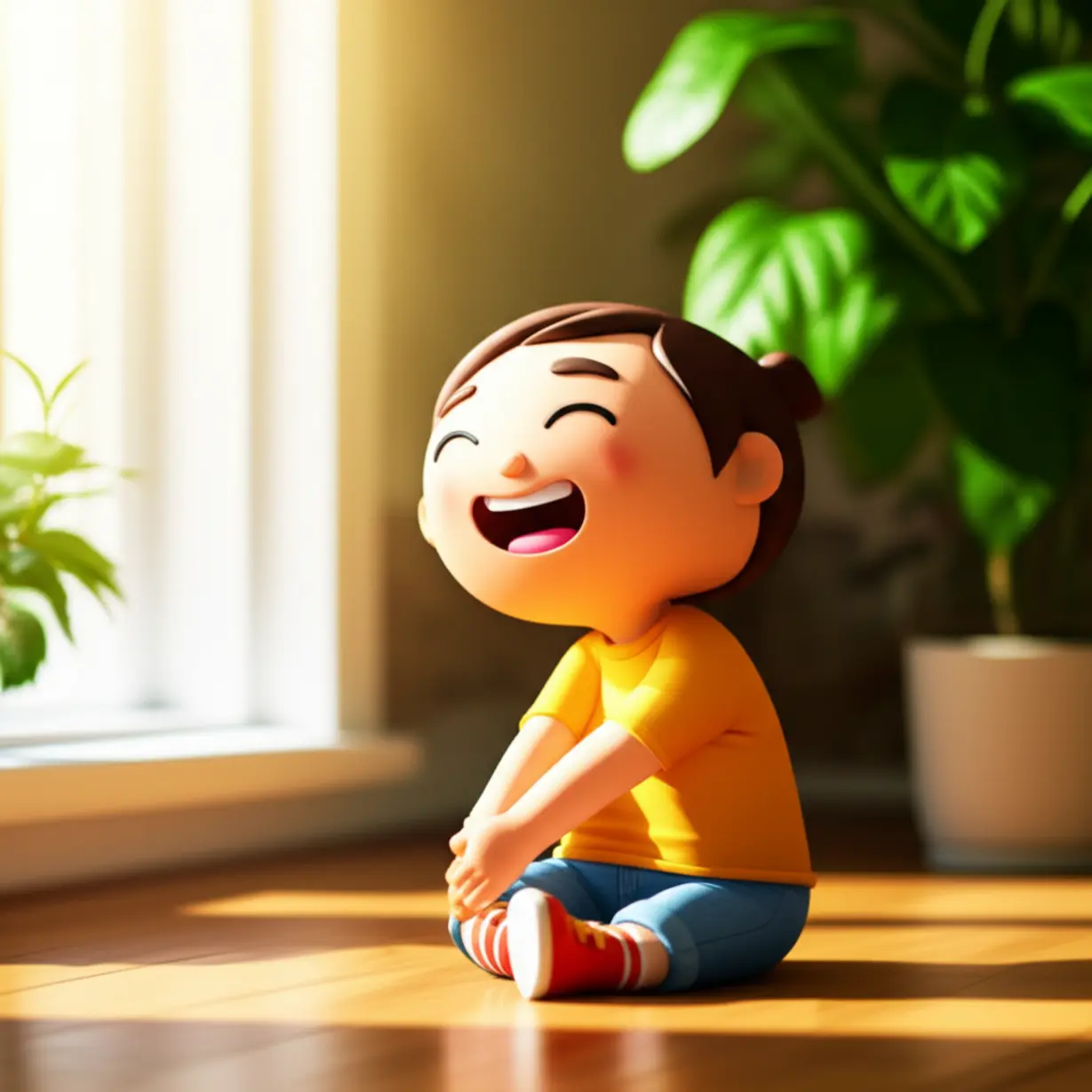 햇살-가득한-방에서-행복하게-스트레칭하는-사람,-따뜻한-빛이-나는-화면,-활기찬-식물이-있는-3D-이미지