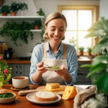 따뜻하고-아늑한-주방에서-발효-음식과-치즈를-맛있게-먹는-건강한-사람의-3D-이미지.-활기찬-식물들로-둘러싸여-평화로운-분위기를-자아냅니다.