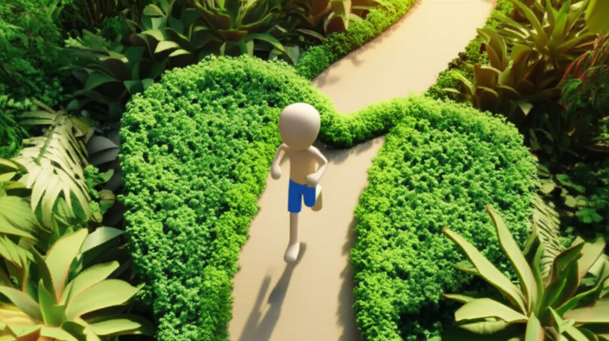 활기찬-초록-식물과-햇빛이-둘러싸인,-하트-모양의-길-위를-즐겁게-조깅하는-3D-사람-이미지