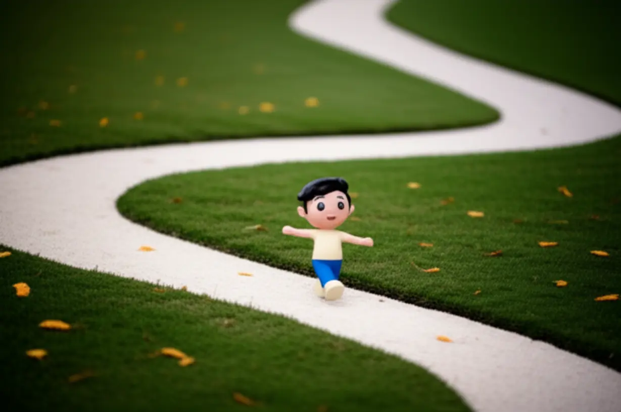 A-small-character-carefully-walking-a-winding-path-with-hidden-obstacles,-symbolizing-the-root-cause-of-recurring-problems.