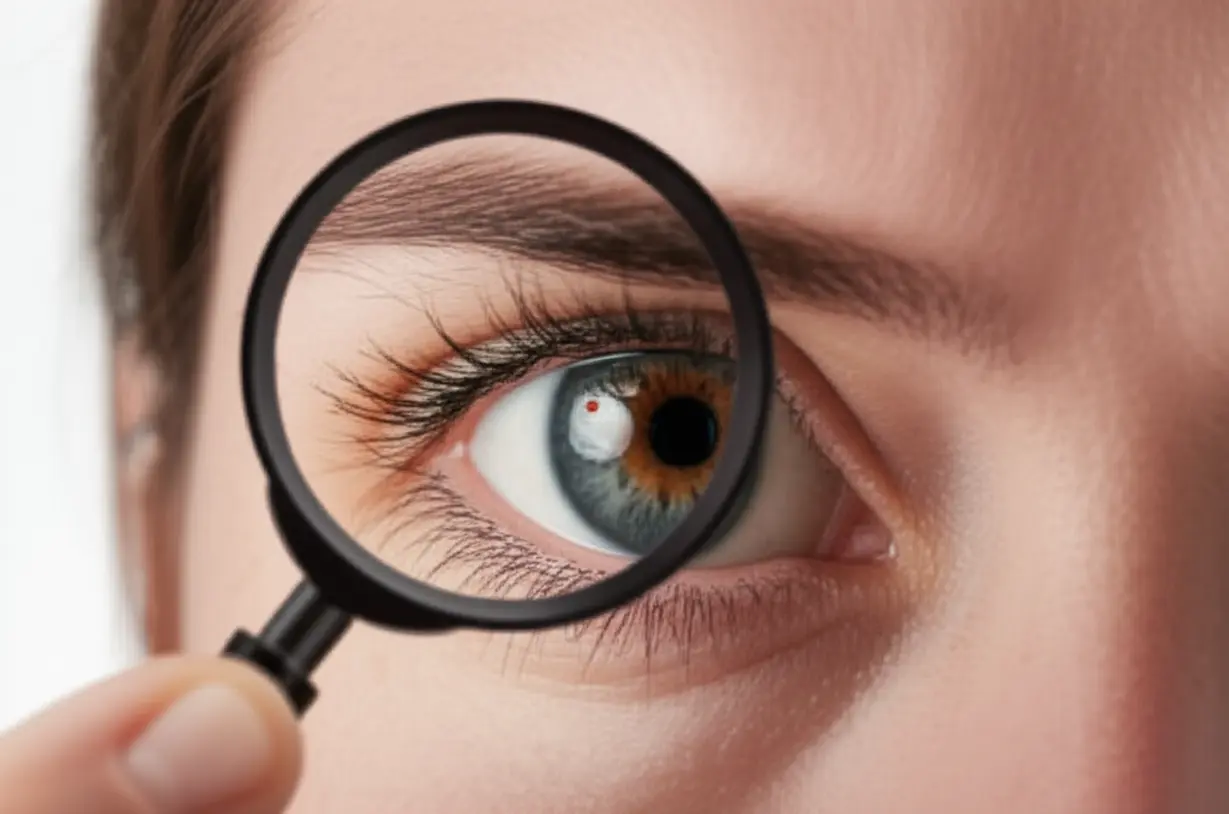 확대경으로-눈의-미세한-붉은-점을-들여다보는-귀여운-3D-캐릭터