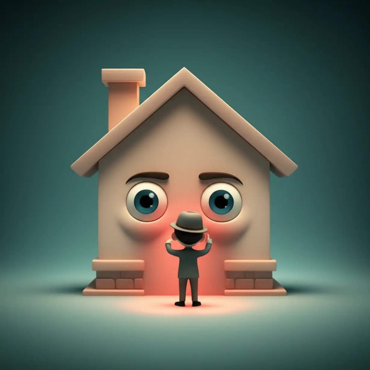 평온해-보이는-집-모양의-인체에서-미세한-떨림이나-희미한-붉은-빛과-같은-숨겨진-신호를-발견하는-탐정-캐릭터의-귀여운-3D-이미지.-눈에-띄지-않는-건강-경고를-강조합니다.