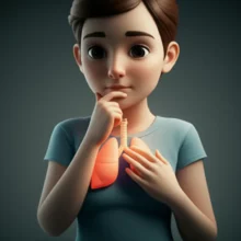 가슴에-손을-얹고-사려-깊게-생각하는-사람의-3D-이미지,-폐-주위에-부드러운-빛이-감돌아-건강-인식을-나타냅니다.