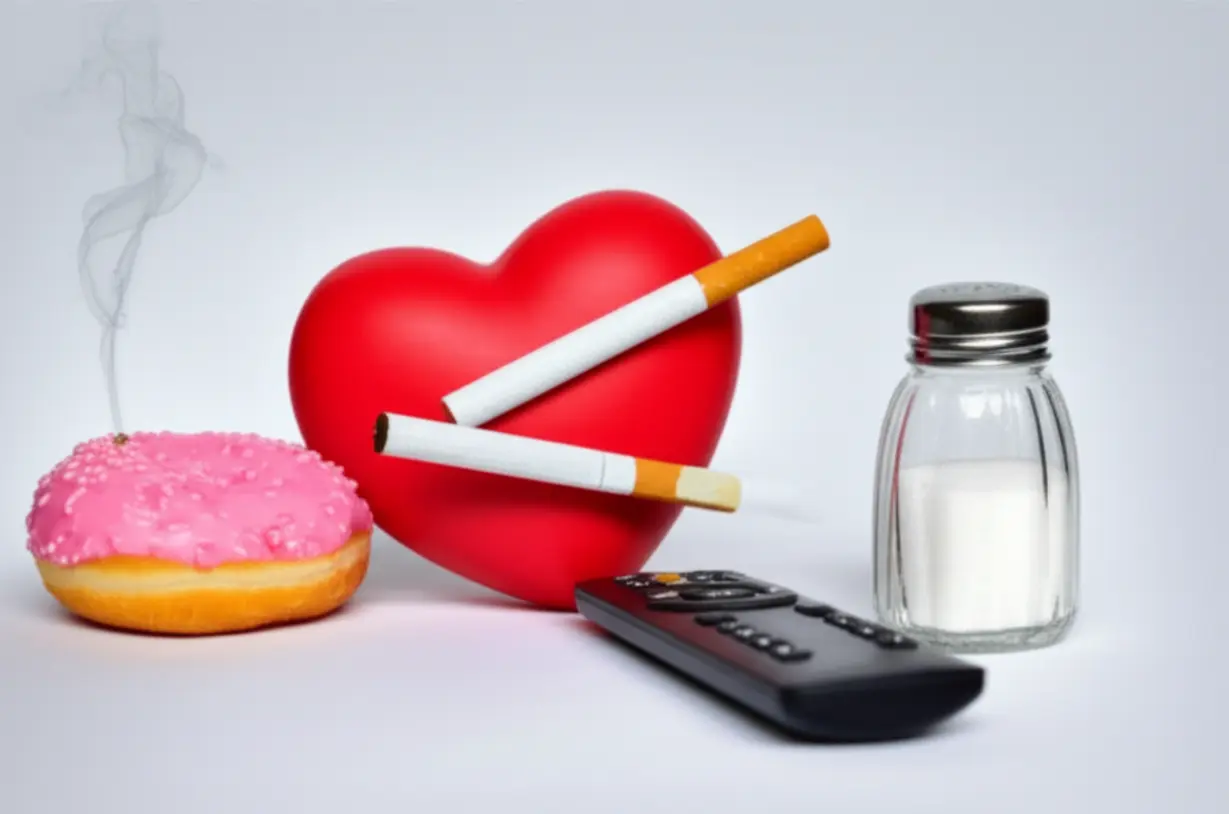 설탕-도넛,-담배,-리모컨,-소금통-등-불건강한-생활-습관을-상징하는-물건들이-얽혀-있는-단순화된-3D-심장-이미지