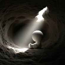 어둡고-작은-동굴-안에-웅크려-앉아-있지만,-작은-틈새로-희망찬-빛이-비춰-들어오는-모습