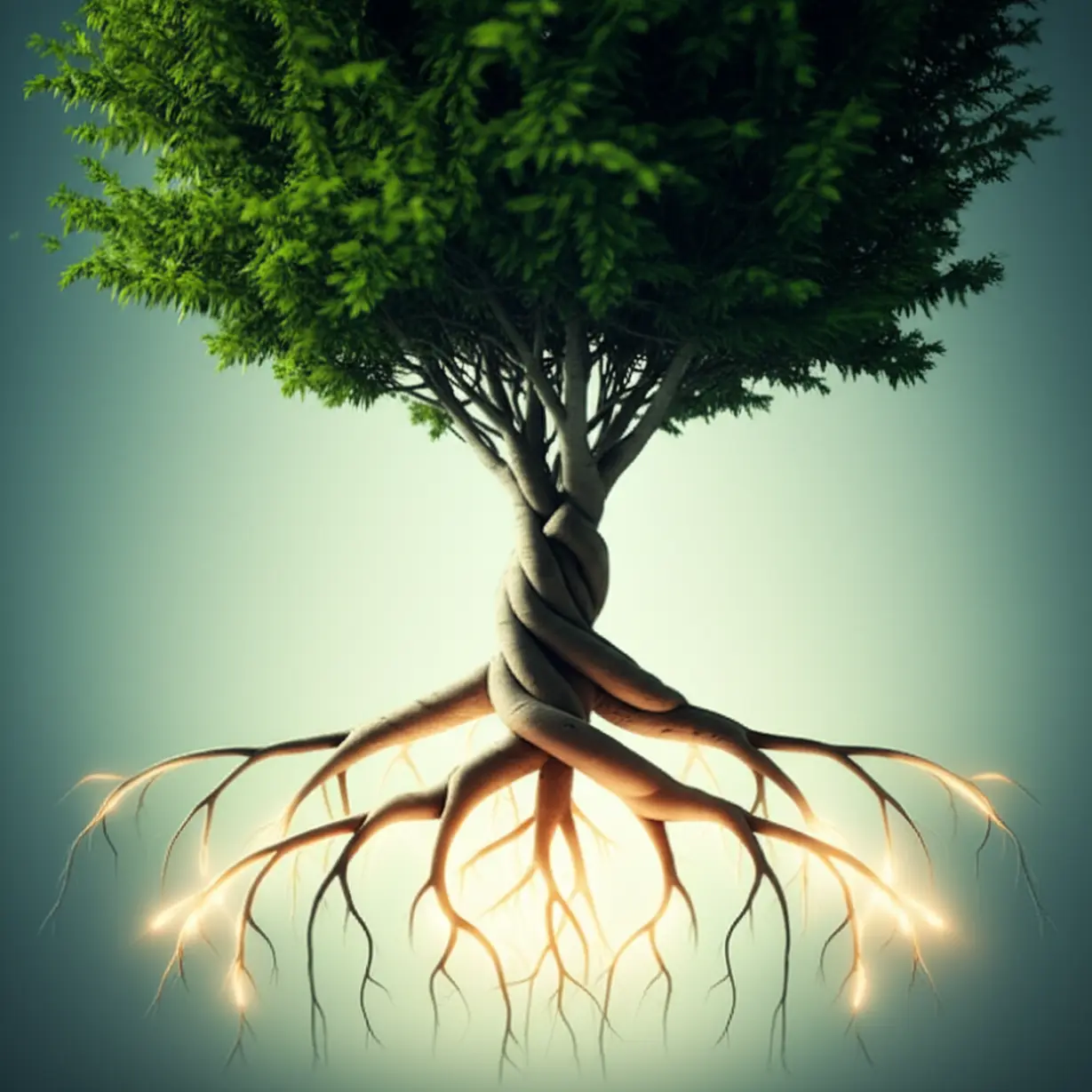 서로-얽히고-부드럽게-빛나는-뿌리들이-건강하고-생기-넘치는-폐-모양의-식물로-이어지는-3D-이미지,-폐-건강의-숨겨진-원인을-상징합니다.