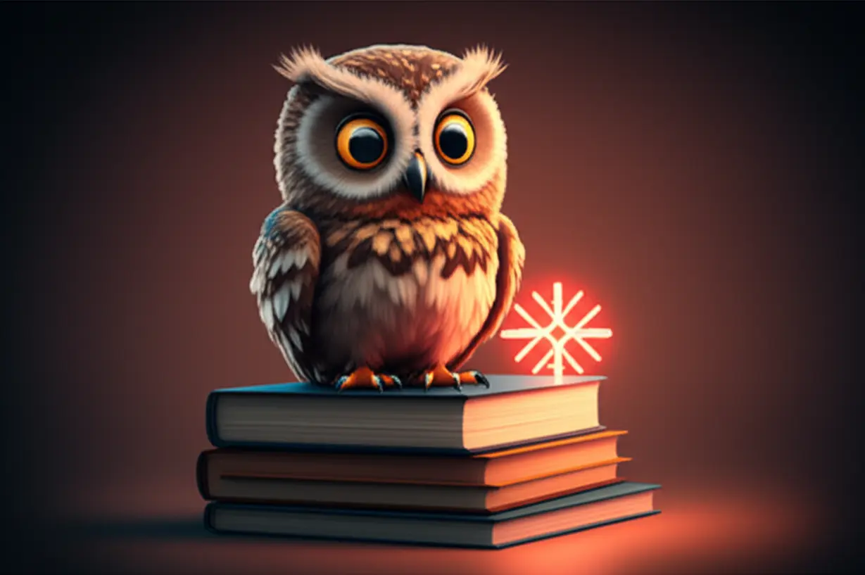 A-wise-owl-on-books-looking-at-a-red-symbol.