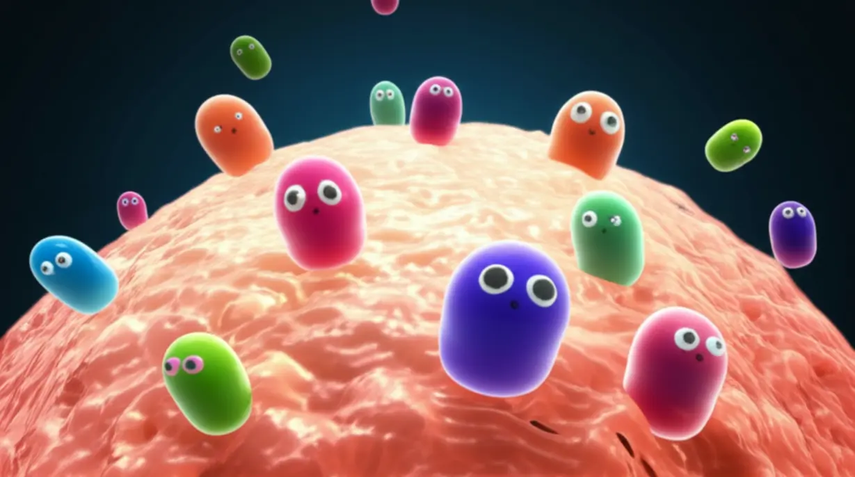 Cute,-personified-hormone-figures-interacting-with-a-glowing-skin-cell,-visually-representing-their-impact-on-skin-health.