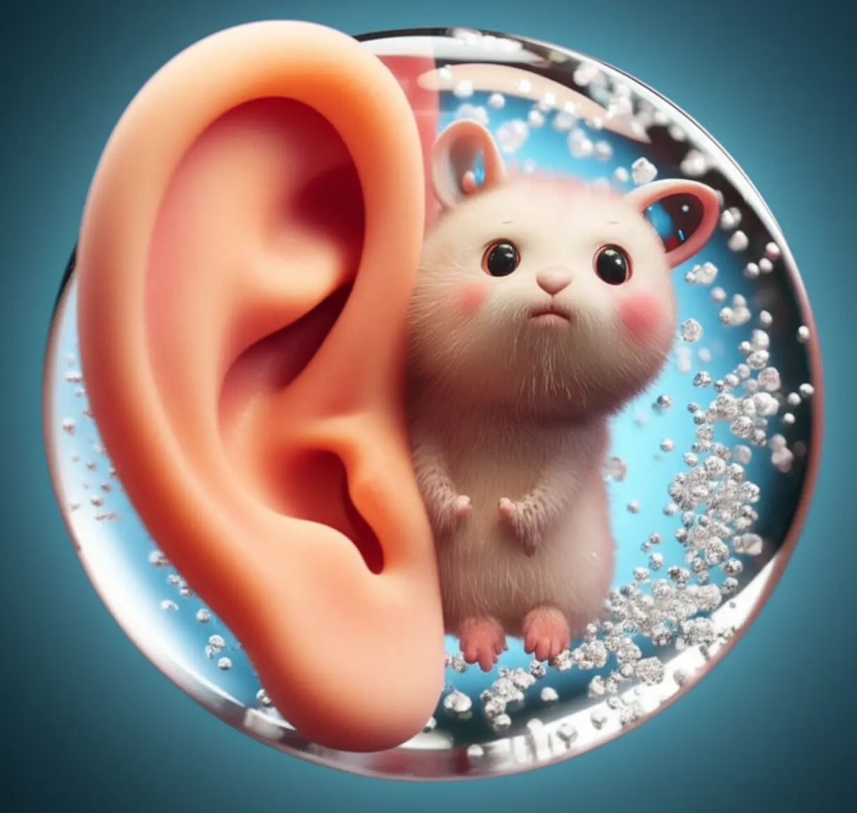A-cute-3D-rendering-of-tiny,-sparkling-ear-crystals-in-a-fluid-chamber,-with-a-curious-creature-looking-dizzy.