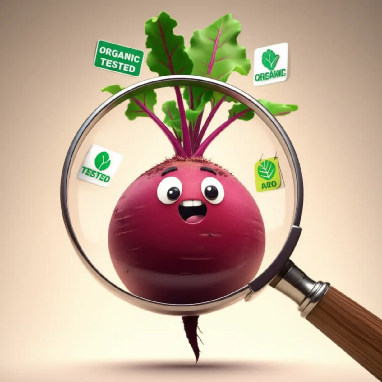 돋보기가-신선한-빨간-비트를-자세히-살펴보는-귀여운-3D-이미지,-"유기농"-및-"검사-완료"-라벨이-주변에-떠-있어-꼼꼼한-선택을-강조합니다.