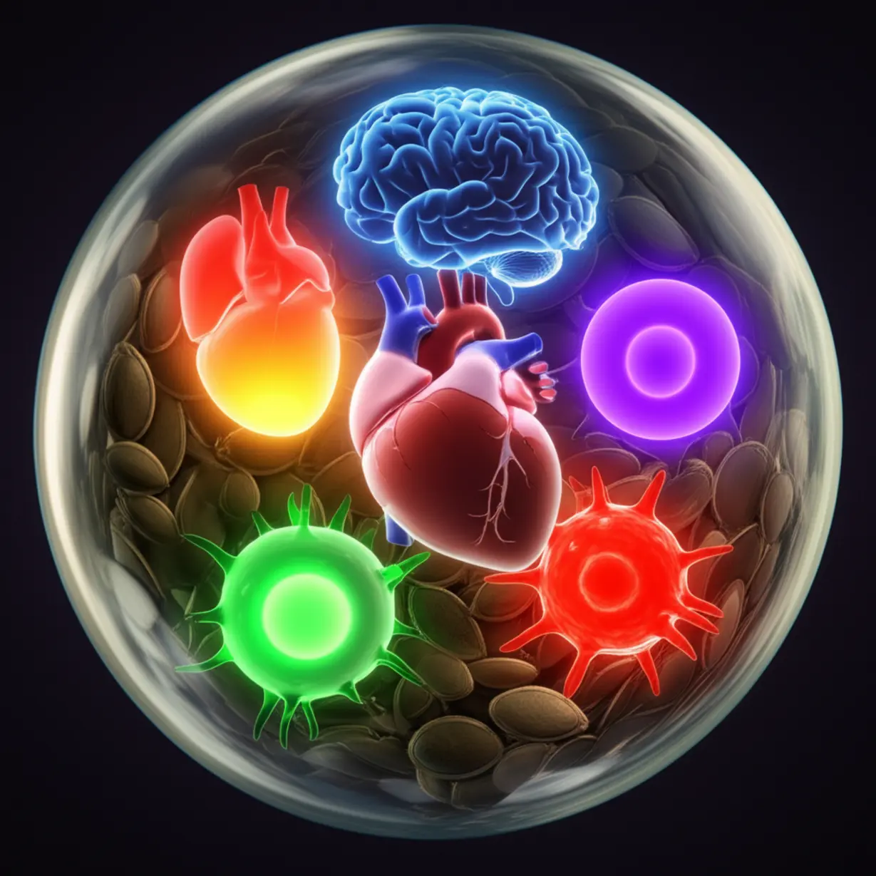심장,-뇌,-면역-세포-등-다양한-내부-장기들이-건강하게-빛나고-있으며,-작은-호박씨들이-이를-보호하는-투명한-거품-안에-있는-모습