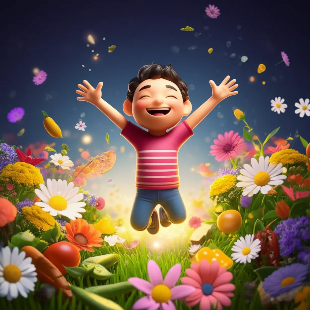 활력과-행복을-상징하는-밝고-역동적인-꽃,-반짝이는-빛,-건강한-음식-기호들에-둘러싸여-즐겁게-뛰어오르며-삶을-포용하는-사람의-모습