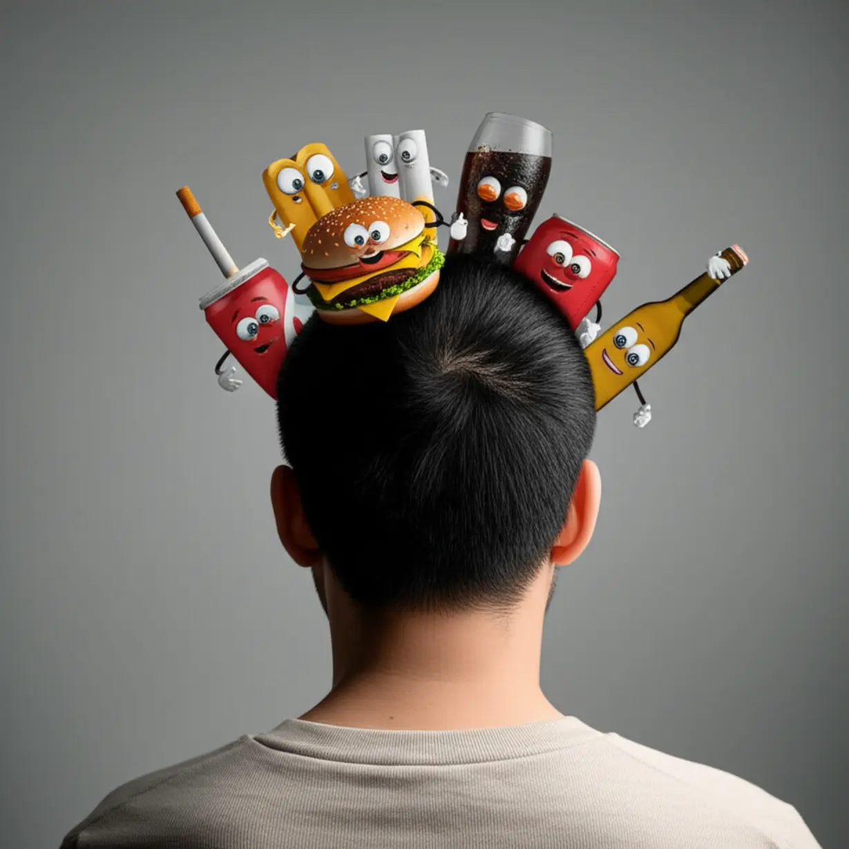 Cute-3D-person-with-mischievous-unhealthy-food,-cigarette,-and-alcohol-characters-behind-their-head,-symbolizing-lifestyle-risks.