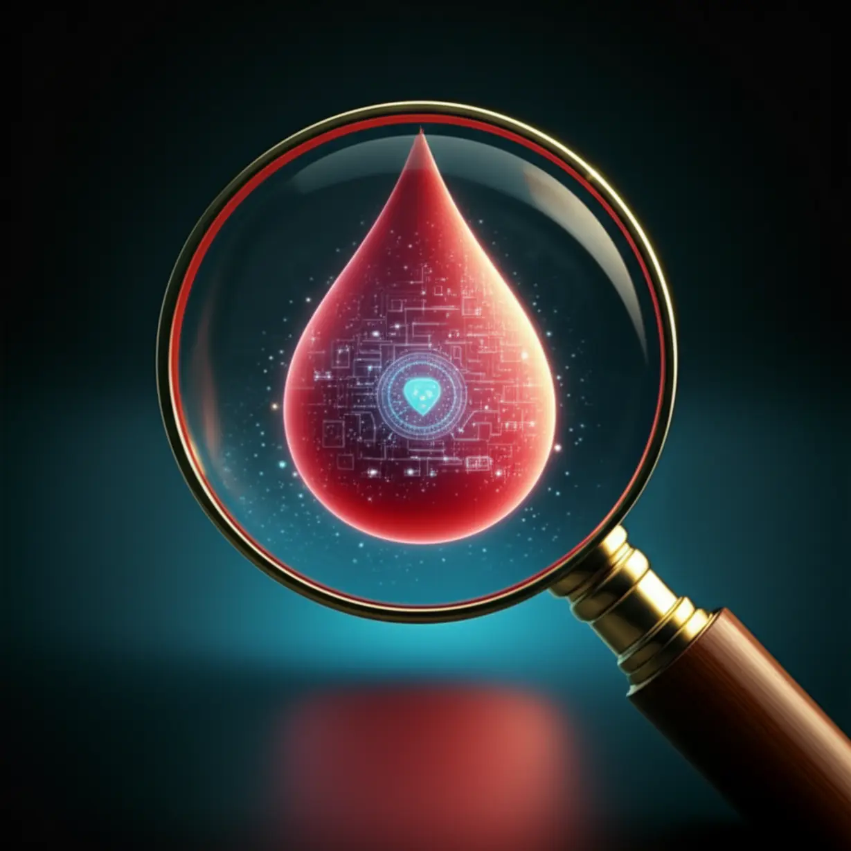 A-magnifying-glass-showing-glowing,-intricate-patterns-inside-a-drop-of-blood,-symbolizing-hidden-health-information.
