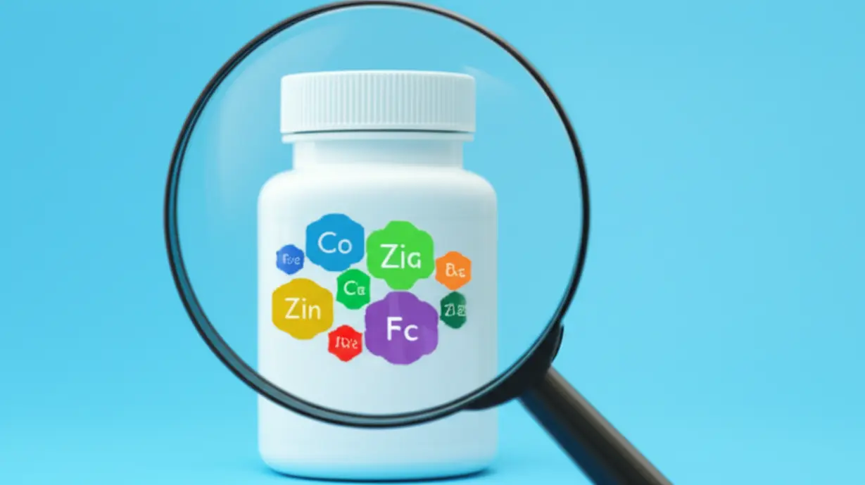 돋보기가-단순화된-보충제-병-위에-아연,-비타민,-프로폴리스-등-활기차고-건강해-보이는-영양소-기호를-강조하며-신중한-선택을-상징한다.