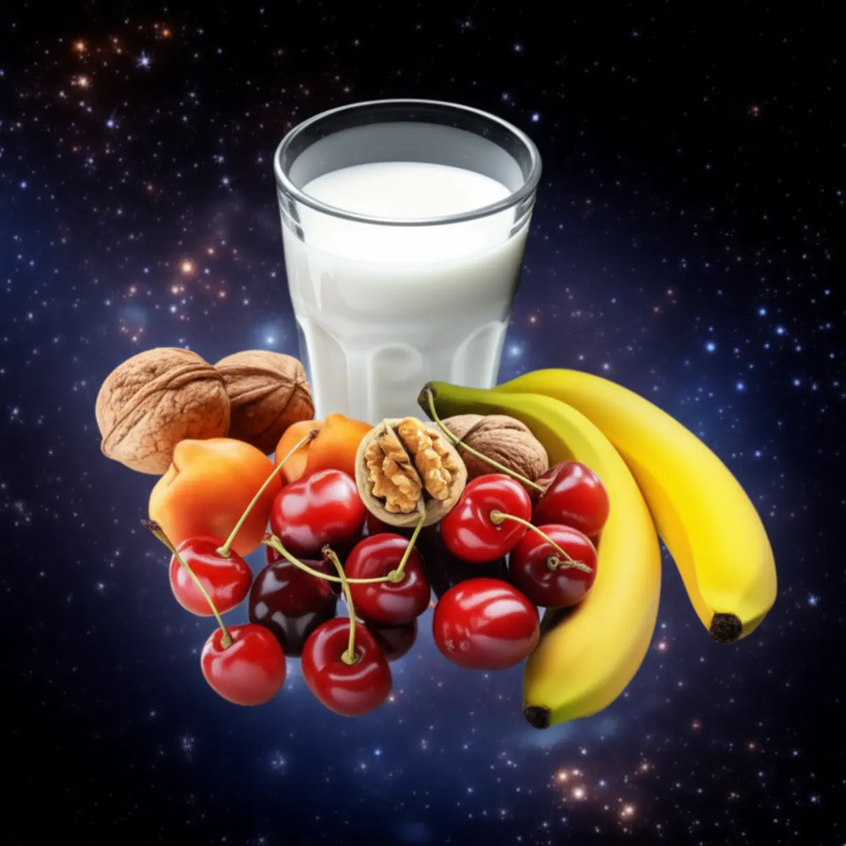 체리,-호두,-바나나,-우유가-별이-빛나는-꿈-같은-공간에-떠-있는-3D-이미지