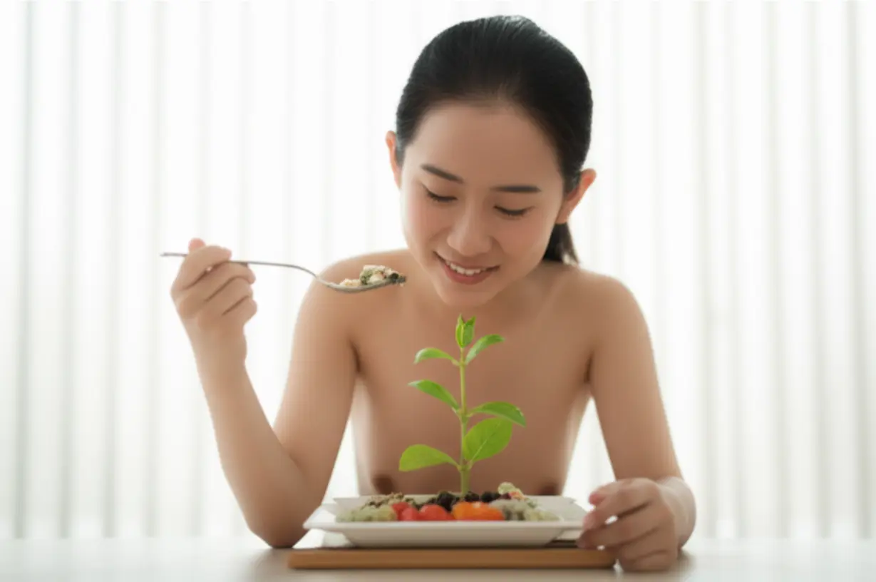 귀여운-3D-캐릭터가-명상하듯-식사하며-배에서-식물이-자라나는-이미지