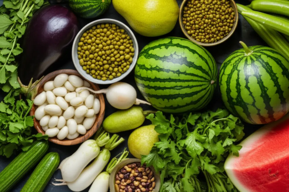 A-vibrant-collection-of-cooling-foods-like-cucumber,-eggplant,-and-watermelon.