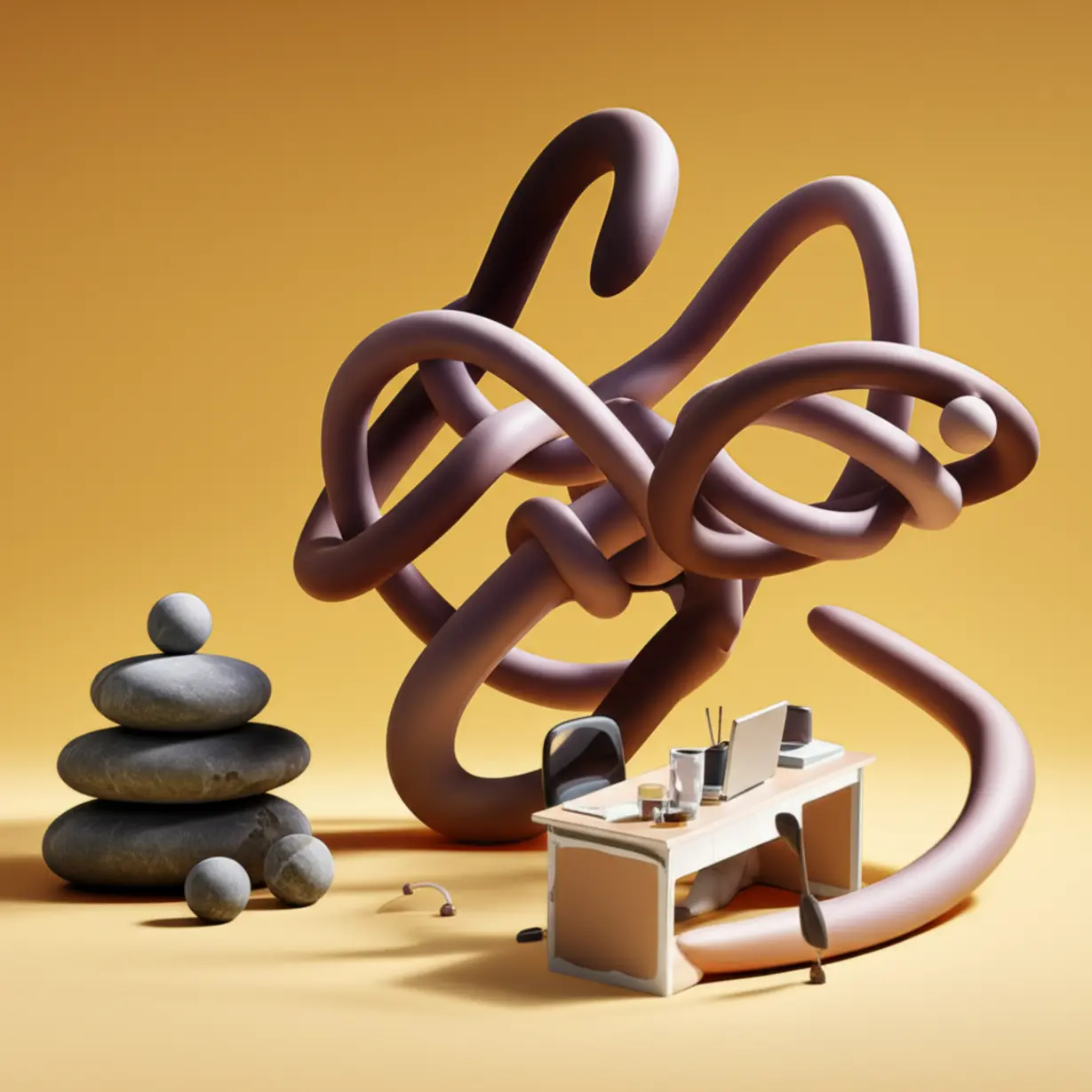 A-cute-3D-image-of-stylized,-interconnected-abstract-shapes,-some-appearing-tangled-or-constricted,-with-elements-like-a-miniature-sedentary-desk-setup-or-a-pile-of-symbolic-