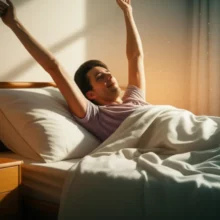 따뜻한-아침-햇살-속에서-희망찬-표정으로-기지개를-켜는-사람의-귀여운-3D-이미지