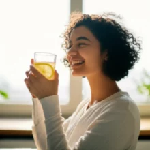 A-cute-3D-image-of-a-happy-person-enjoying-a-glass-of-lemon-water-in-the-morning,-feeling-refreshed.