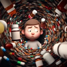 A-confused-person-surrounded-by-many-medicine-bottles,-representing-medication-overload.