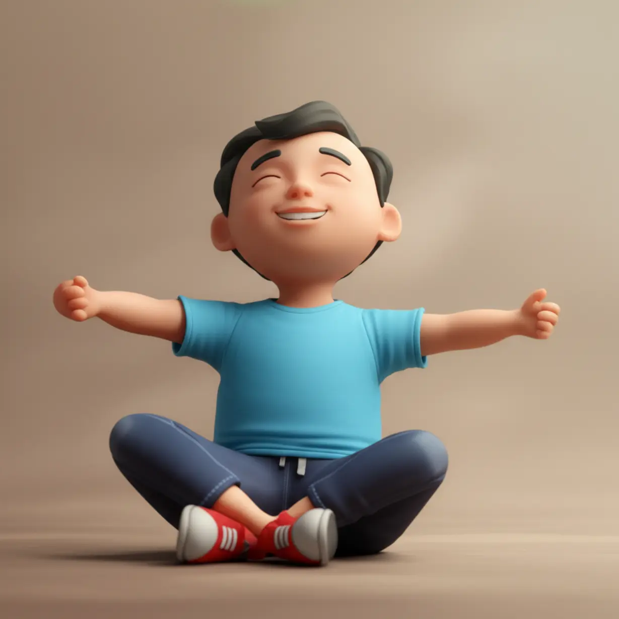 A-3D-illustration-of-a-person-stretching-comfortably-with-a-happy-expression,-surrounded-by-a-gentle,-calming-aura,-depicting-a-feeling-of-profound-relief-and-physical-healing.