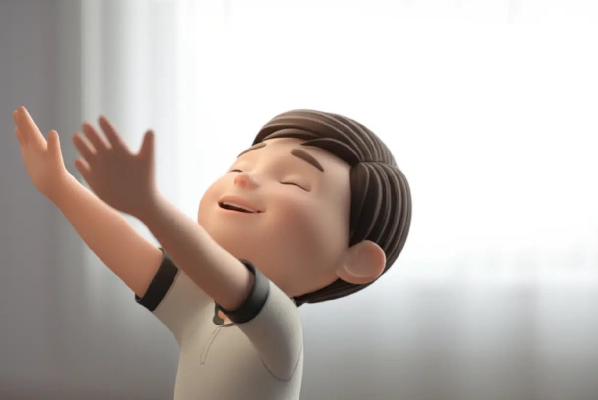 밝은-빛을-향해-팔을-뻗으며-미소-짓는-사람의-귀여운-3D-이미지