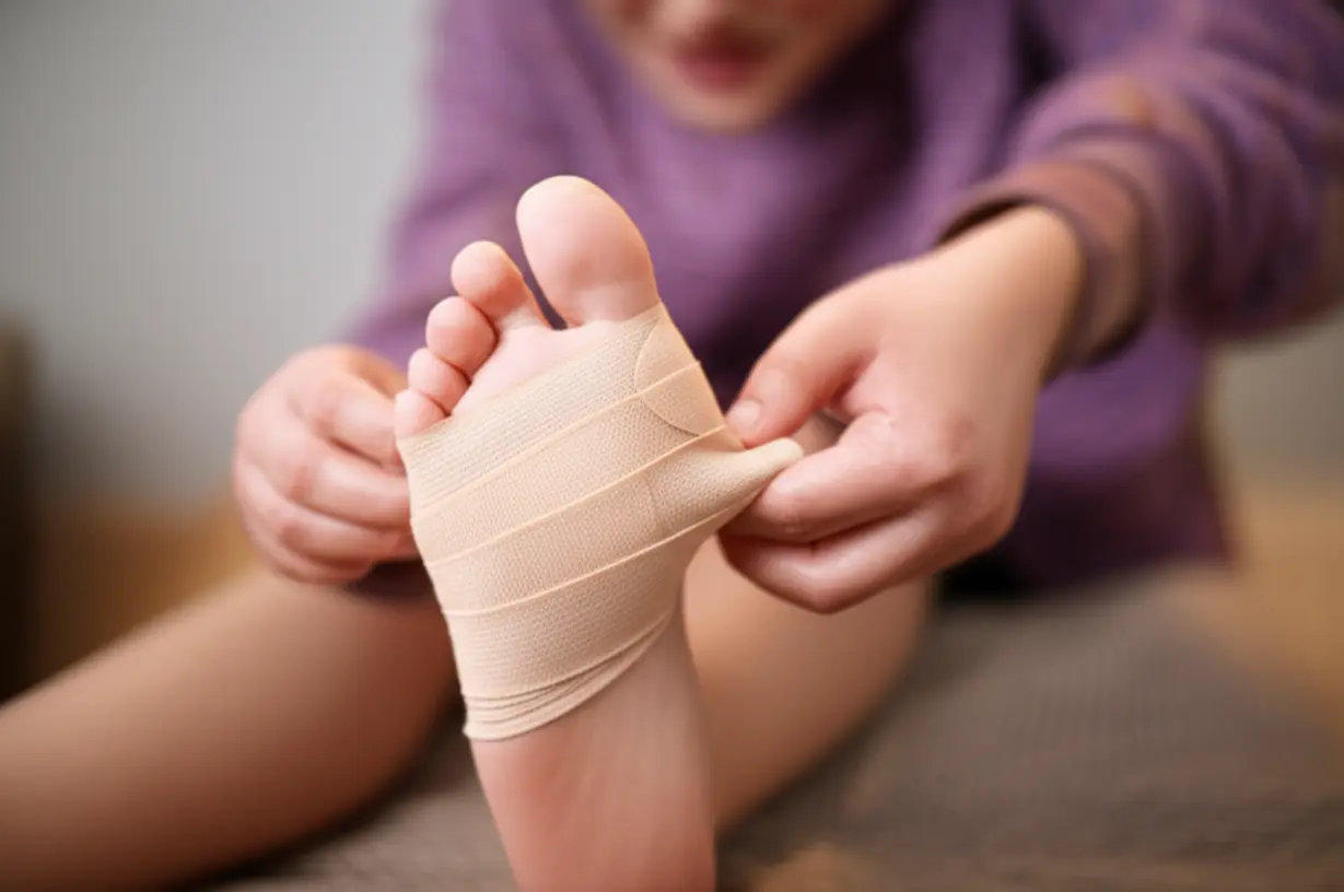 조심스럽게-발에-붕대를-감고-있는-사람의-귀여운-3D-이미지,-회복에-대한-안도감과-희망이-보인다.