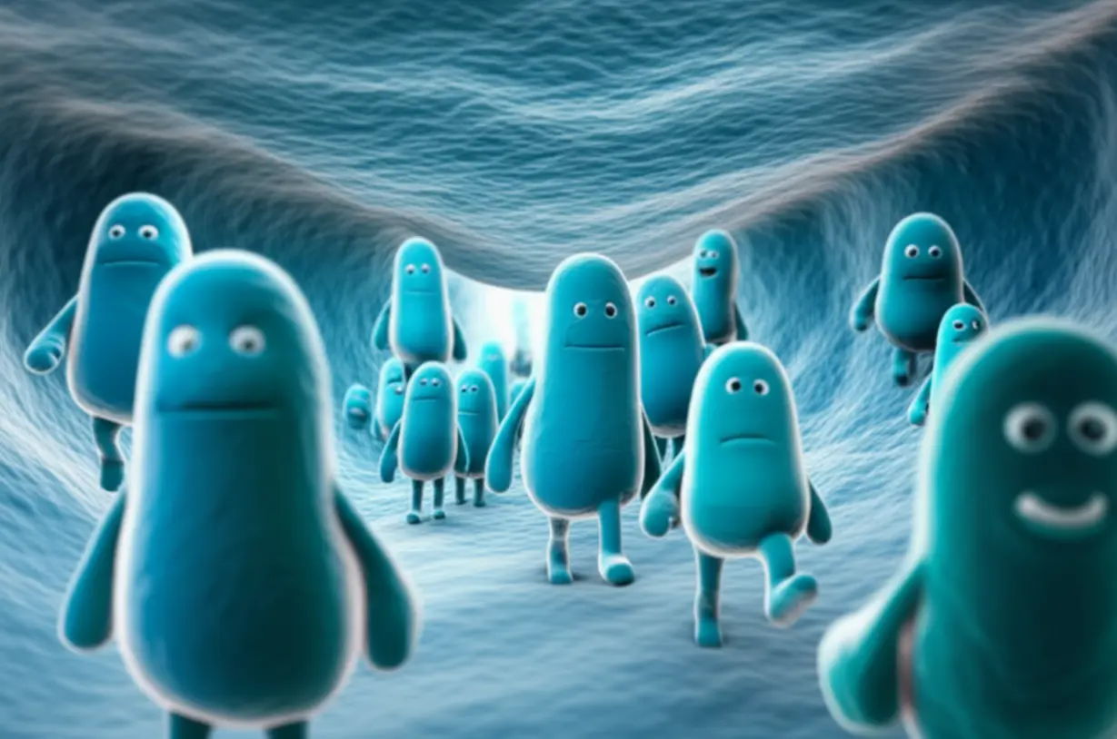 A-cute-3D-illustration-of-probiotics-entering-a-healthy-gut,-demonstrating-their-positive-impact.