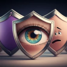 귀여운-3D-캐릭터-눈이-보호막에-둘러싸여-있고,-호기심-어린-얼굴이-지켜보고-있는-모습