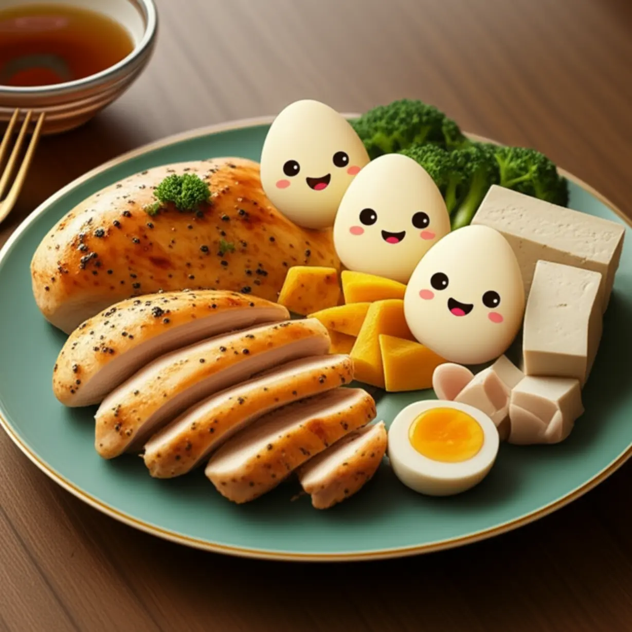 웃고-있는-닭가슴살,-두부,-계란,-생선-캐릭터가-담긴-활기차고-균형-잡힌-음식-접시