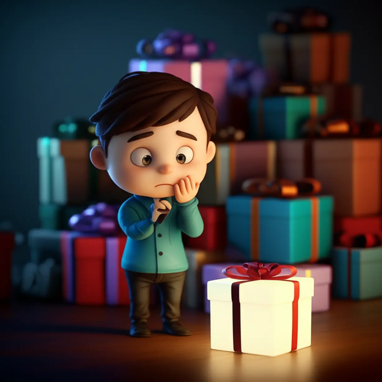 고민에-빠진-사람이-원치-않는-선물-더미-옆에서-빛나는-건강-선물을-바라보는-모습