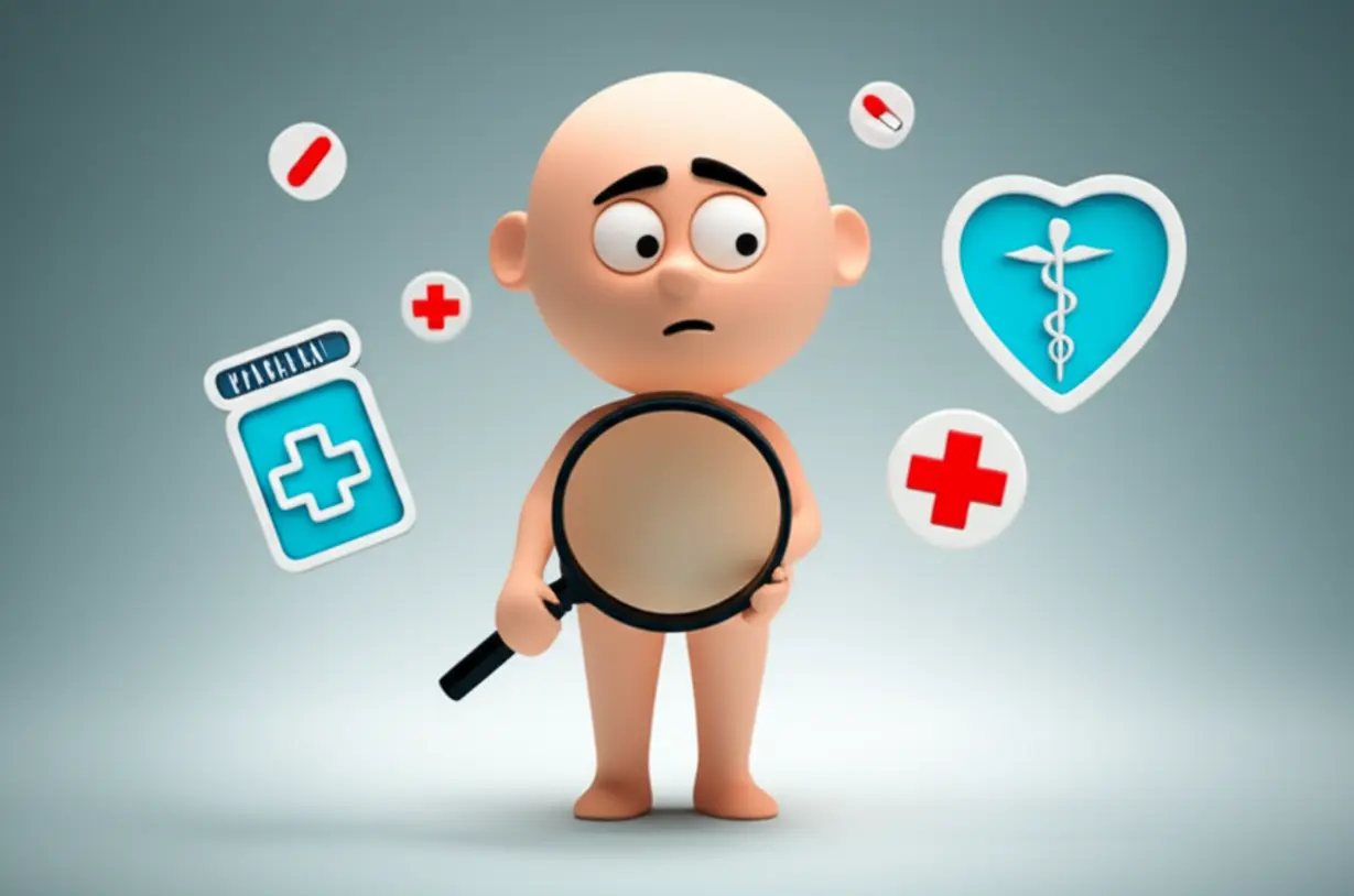 A-cute-3D-image-of-a-person-looking-confused-while-using-a-magnifying-glass-to-examine-their-body,-surrounded-by-medical-symbols.