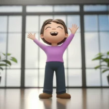 A-cute-3D-illustration-of-a-person-stretching-happily,-feeling-relieved-and-light-in-a-clean-environment.