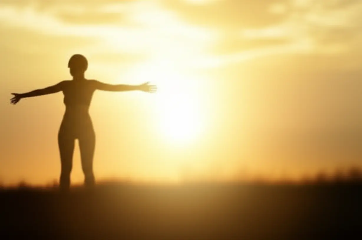 사람이-떠오르는-태양을-향해-팔을-뻗고-우아하게-스트레칭하는-모습.-부드럽게-빛나는-에너지가-주변에-있어-해독,-새로운-균형,-평온함을-상징합니다.