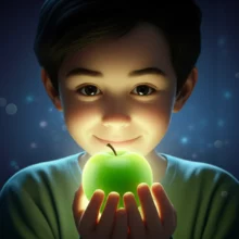 싱긋-웃으며-빛나는-아오리사과를-조용히-들고-있는-사람의-3D-이미지.