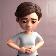A-cute-3D-character-holding-their-stomach-with-a-look-of-relief,-surrounded-by-a-soft,-comforting-light,-symbolizing-recovery-from-gut-discomfort.