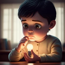 생각에-잠긴-사람이-작은-전구-아이디어를-들고-있는-귀여운-3D-이미지