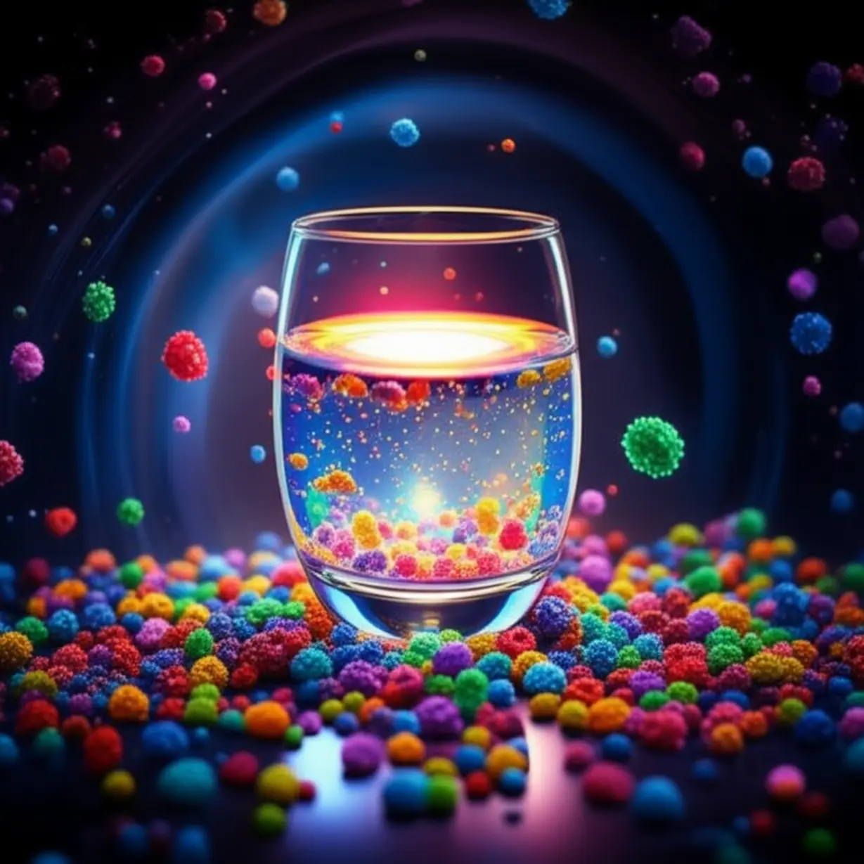빛나는-다채로운-액체가-담긴-투명한-물잔-주변에-활기찬-추상적-영양소-입자들이-떠다니는-귀여운-3D-이미지