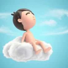 A-cute-3D-person-sitting-on-a-cloud,-breathing-deeply-with-a-serene-expression,-surrounded-by-calming-air-swirls.