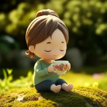 A-simplified-3D-character-peacefully-enjoying-a-cup-of-tea-in-a-calm,-green-setting,-radiating-a-sense-of-well-being.