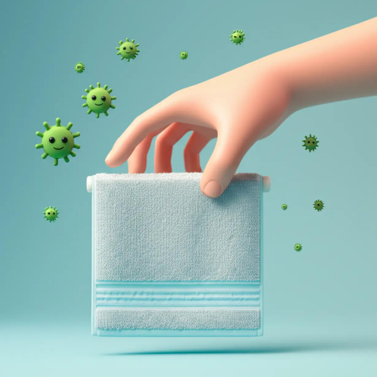 공유하는-수건-주위에-귀여운-세균-아이콘이-떠다니는-3D-손-모습