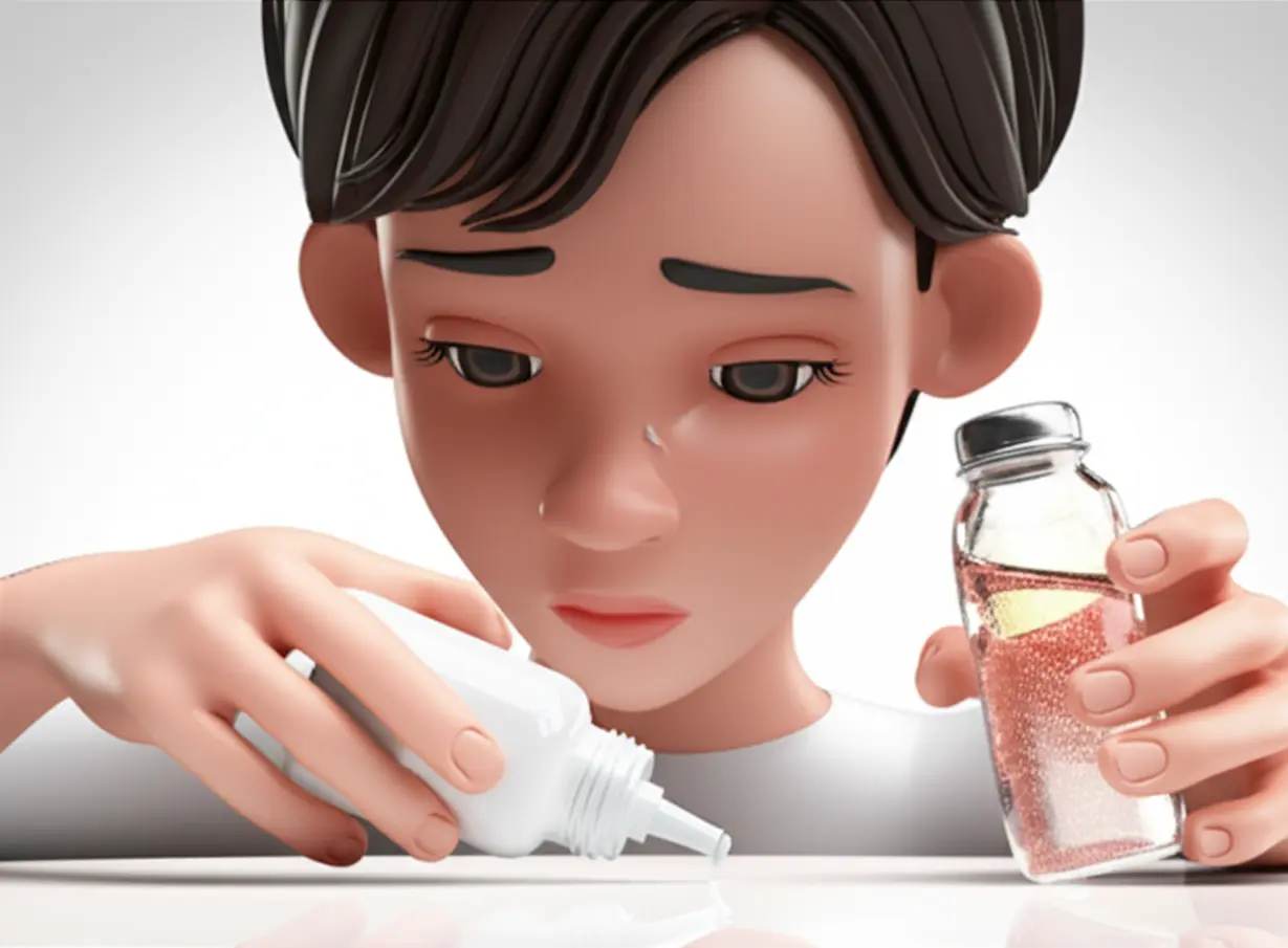 피곤한-표정으로-크림-병을-내려놓고-희망찬-미소로-반짝이는-음료-병을-잡는-귀여운-3D-이미지