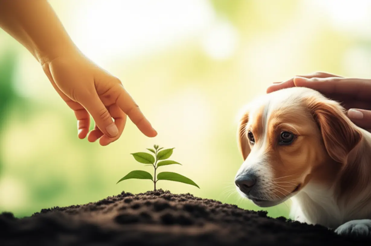 Various-cute-3D-illustrations-showing-hands-touching,-petting-a-dog,-and-a-sprouting-plant,-symbolizing-simple-acts-of-connection-and-joy.