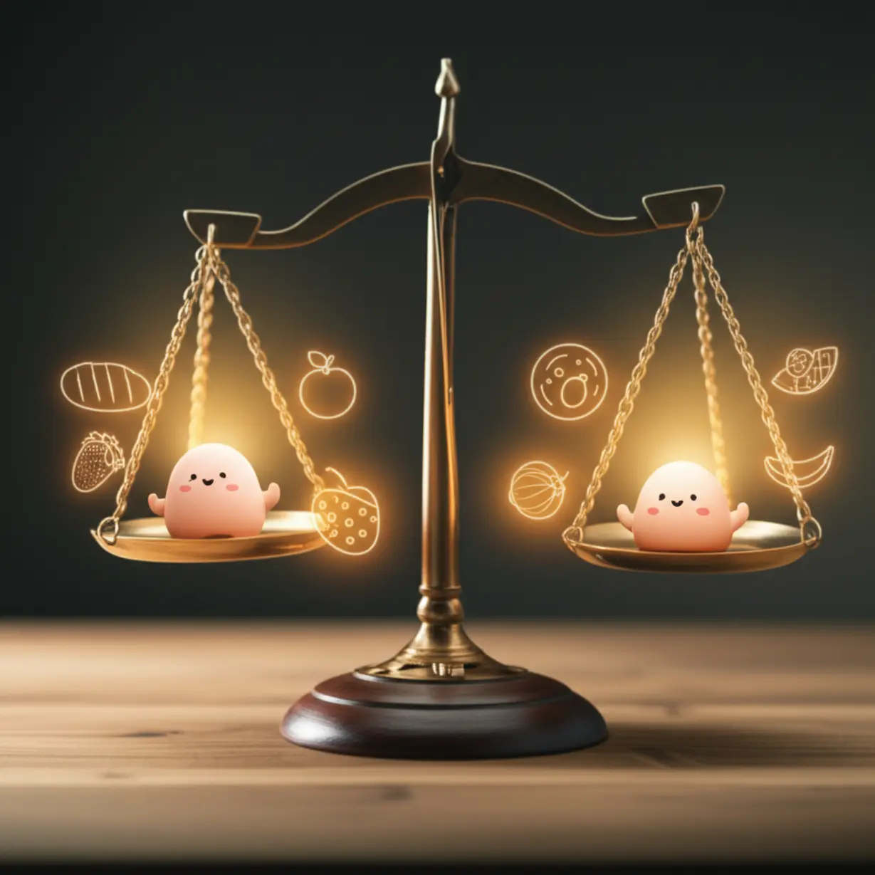 소비-칼로리가-섭취-칼로리보다-약간-더-많은-균형-잡힌-저울-위에서-작은-캐릭터들이-행복해하는-모습