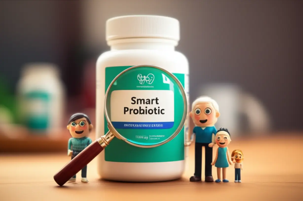 돋보기로-아름답게-포장된-유산균-병을-살피는-모습과-배경의-작은-웃는-가족-캐릭터들