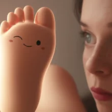 발에-편안한-빛이-감싸고-있는-귀여운-3D-이미지,-옆에는-호기심-가득한-표정의-얼굴이-있다.