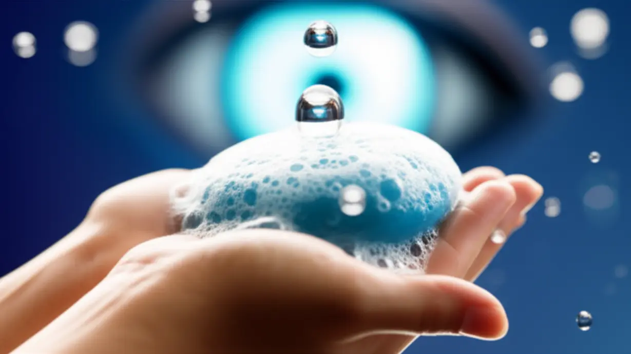 비누로-깨끗하게-손을-씻는-반짝이는-3D-손과-뒤에-빛나는-눈-모습