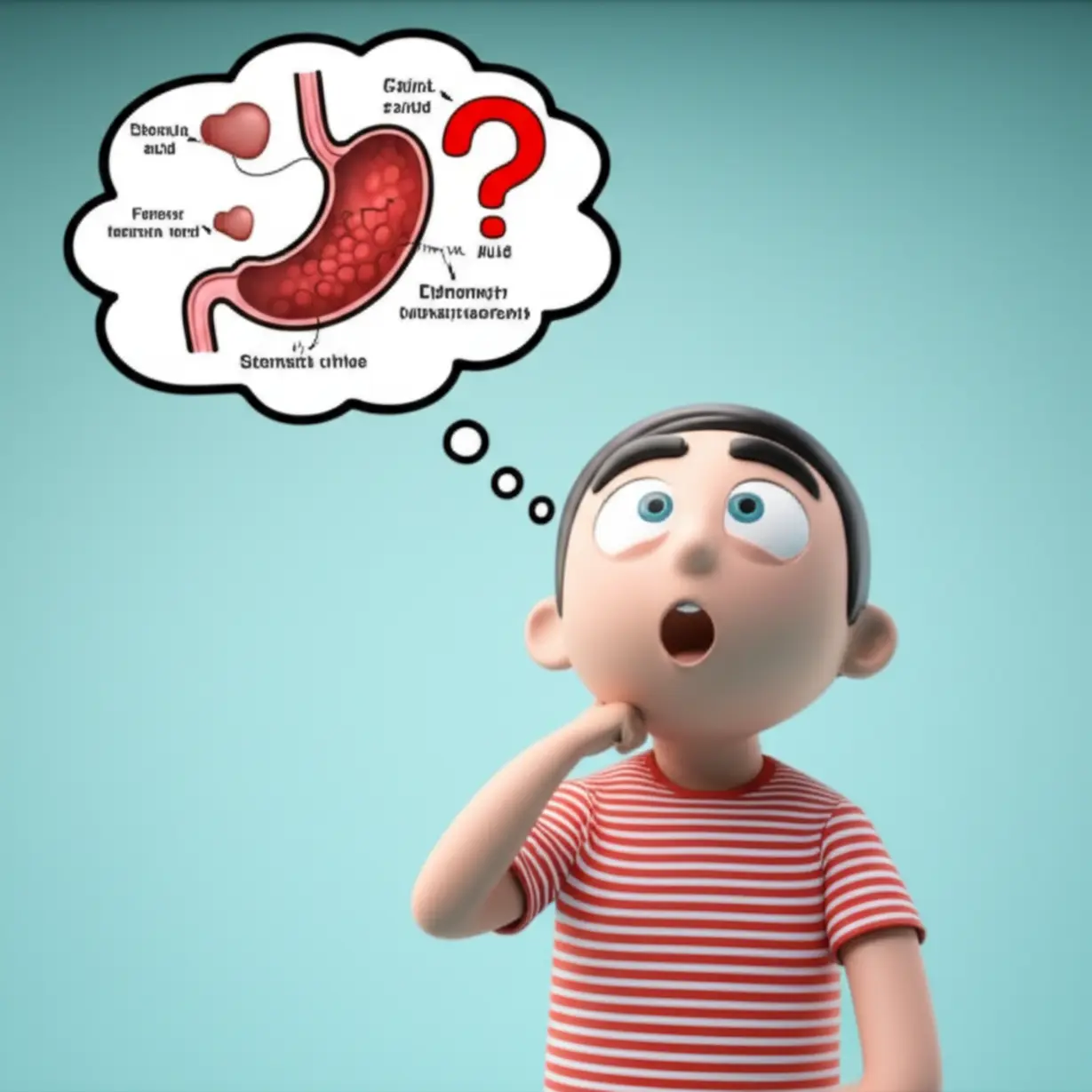 A-cute-3D-character-with-a-puzzled-expression,-looking-at-a-diagram-about-stomach-acid,-questioning-common-beliefs.